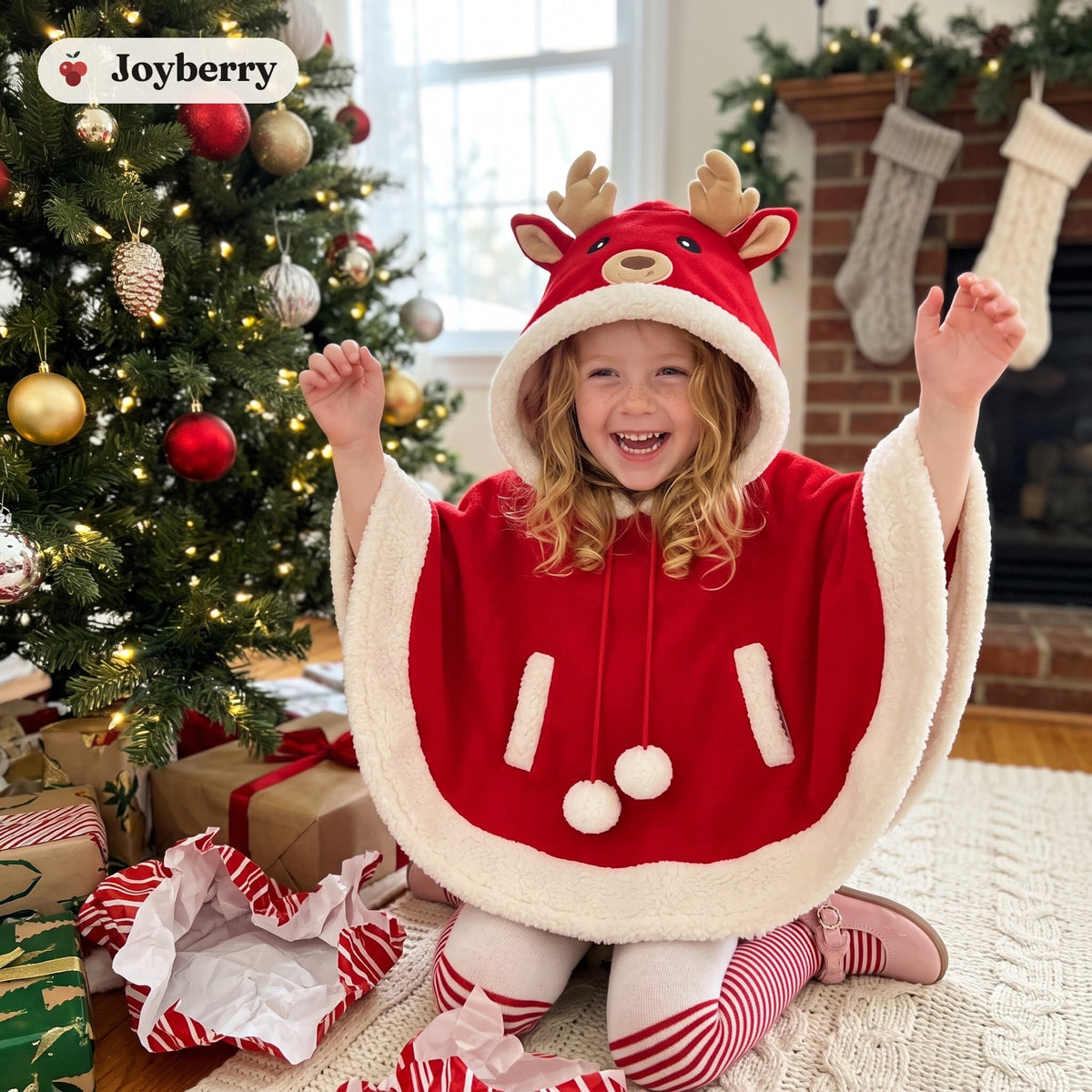 Girl wearing the Rudy reindeer hooded cape on Christmas morning by the tree