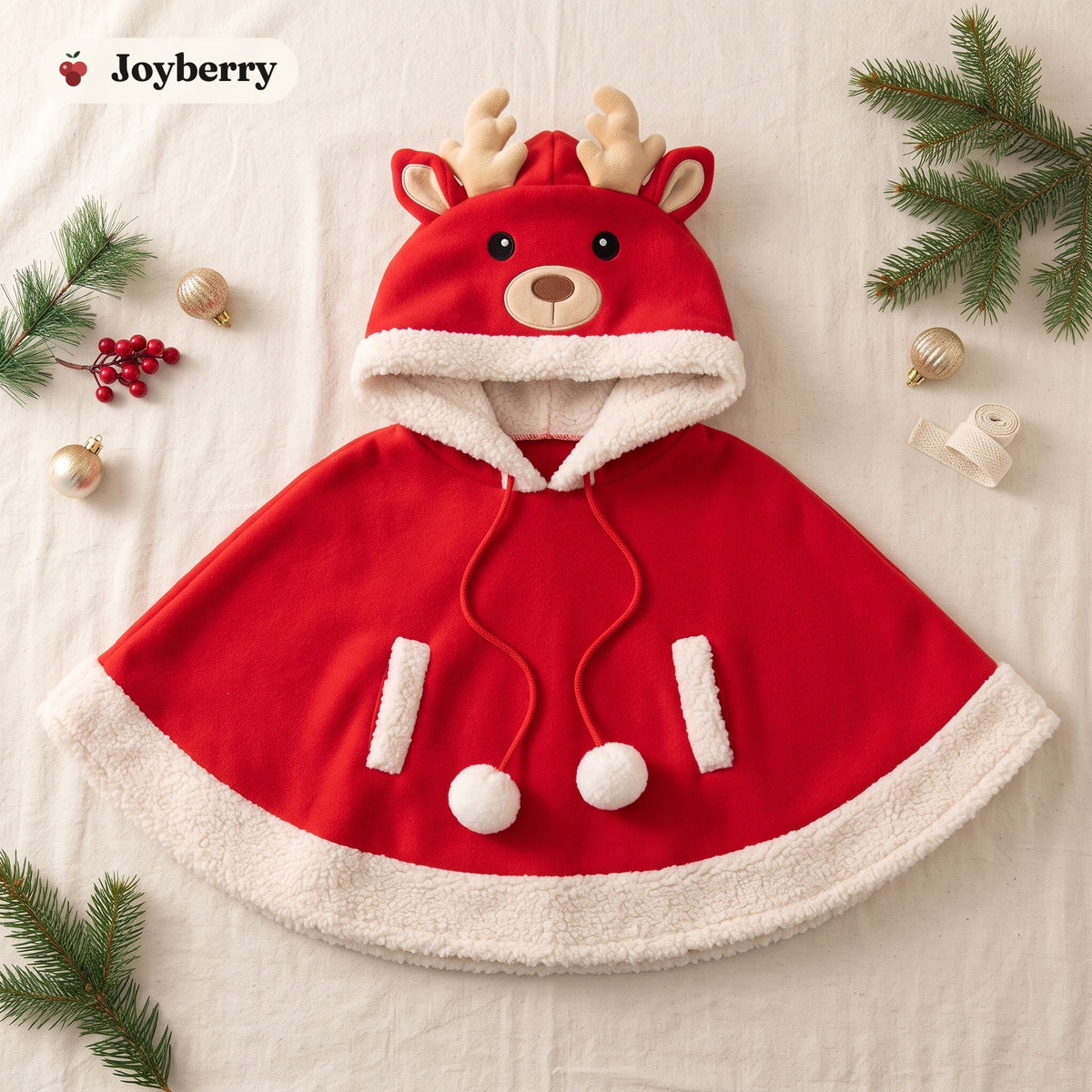 Rudy reindeer cape flat lay with plush antlers and cream trim